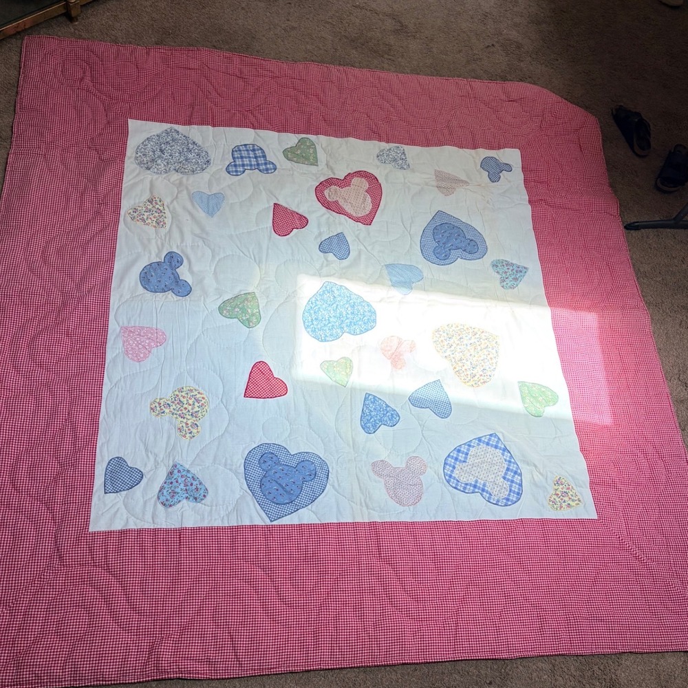 Mickey & Co Disney Quilt Red Gingham Heart Patchwork Bedspread Full Size 84x84